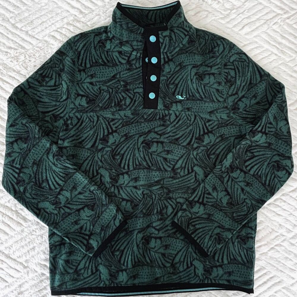 vineyard vines Boys Size S 8-10 Green Fish Print Fleece Snap Pullover Whale Top
